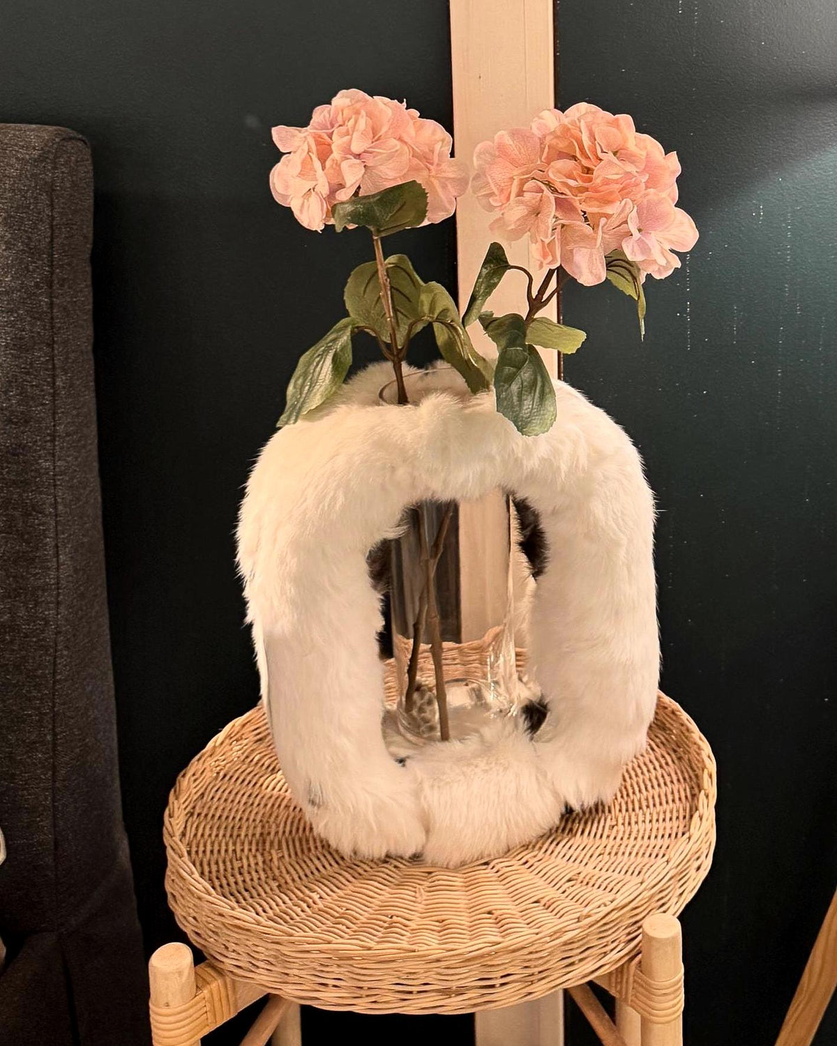 Rabbit Fur Statement Vase, real rabbit fur wrapped sculptural home decor — view 4