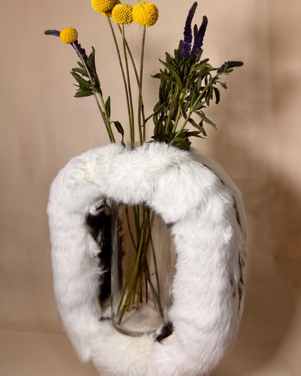 Rabbit Fur Statement Vase, real rabbit fur wrapped sculptural home decor — view 2